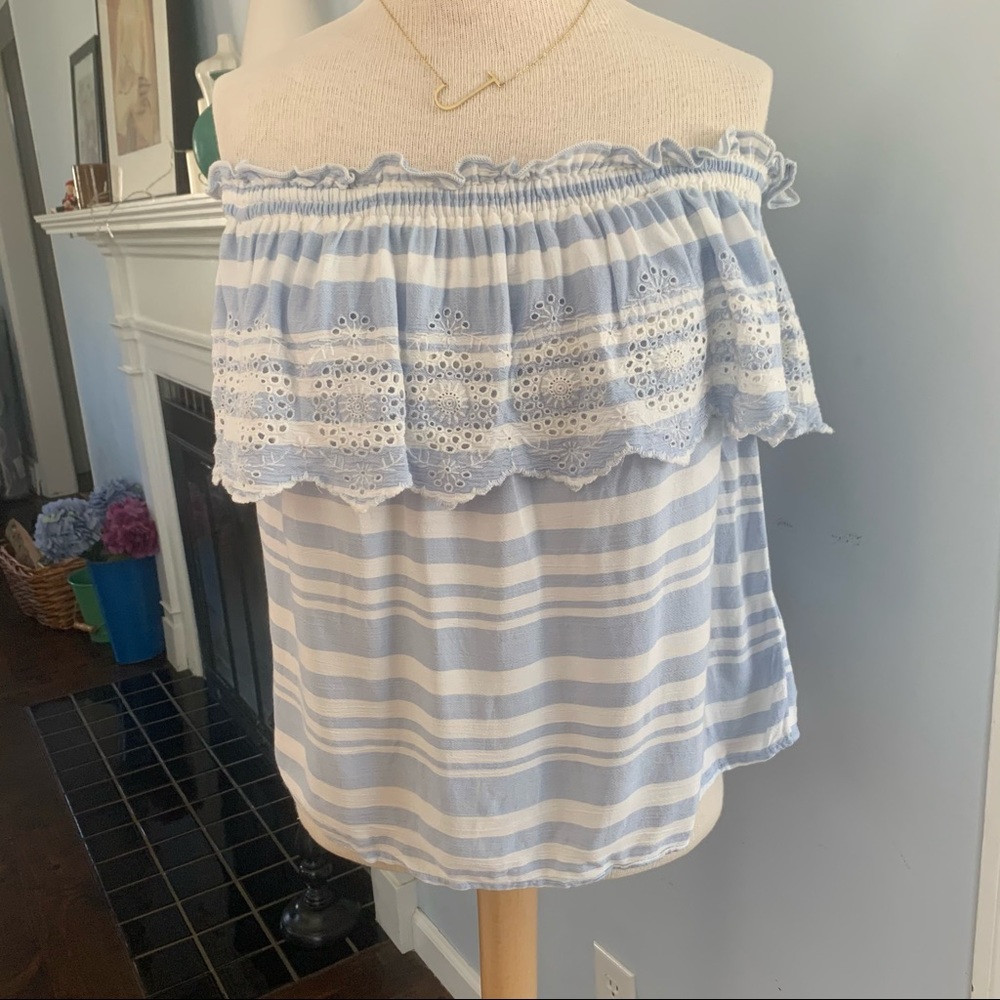 AEO off shoulder eyelet scallop ruffle blue stripe - Picture 5 of 15